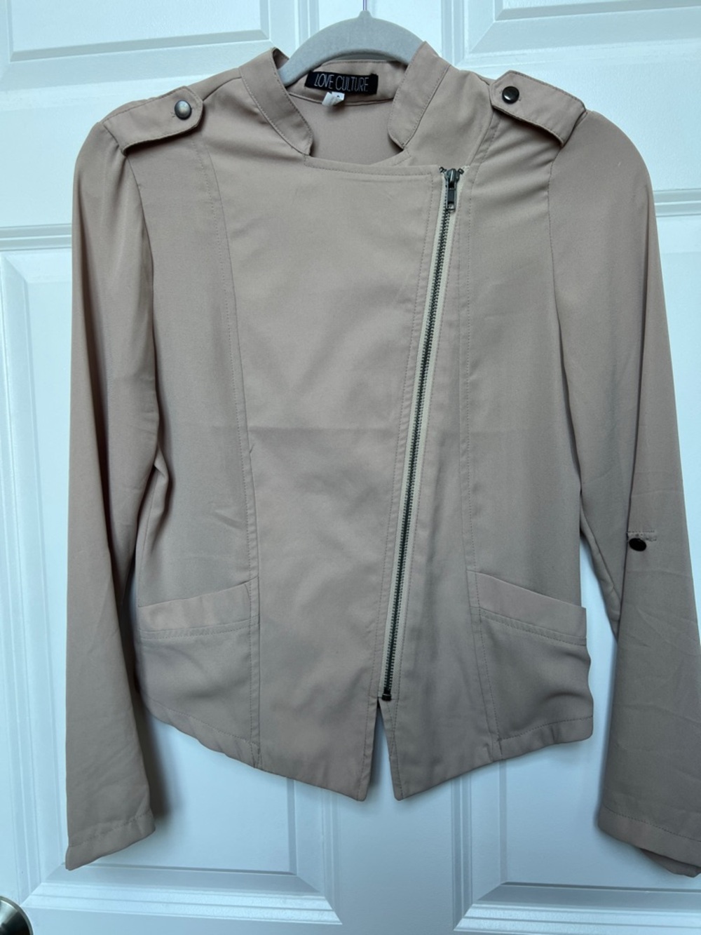 Love Culture Taupe Beige Asymmetrical Moto Blazer/Blouse